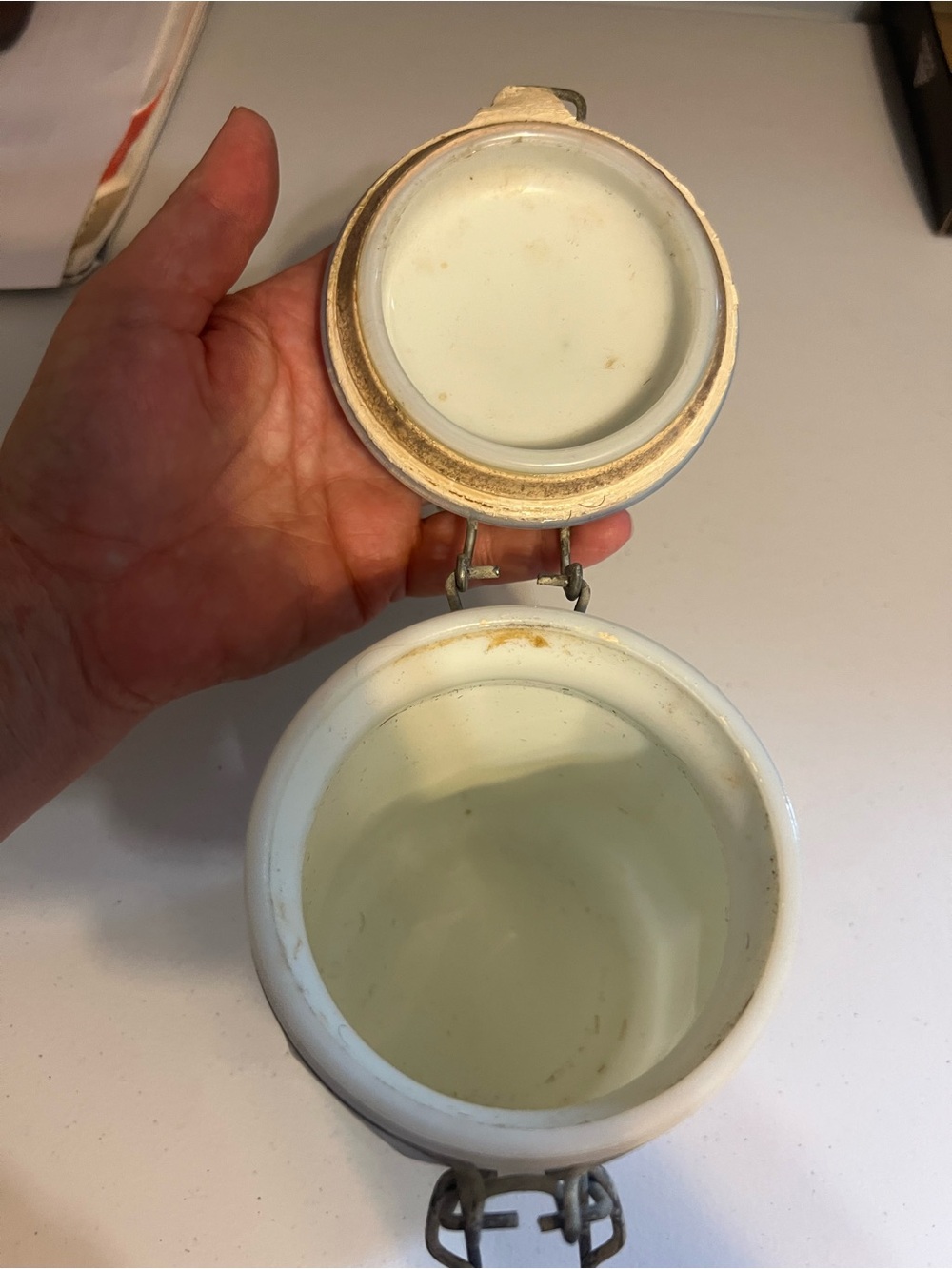 Vintage Milk Glass Airtight Canister with Metal Clamp Lid - Picture 7 of 9